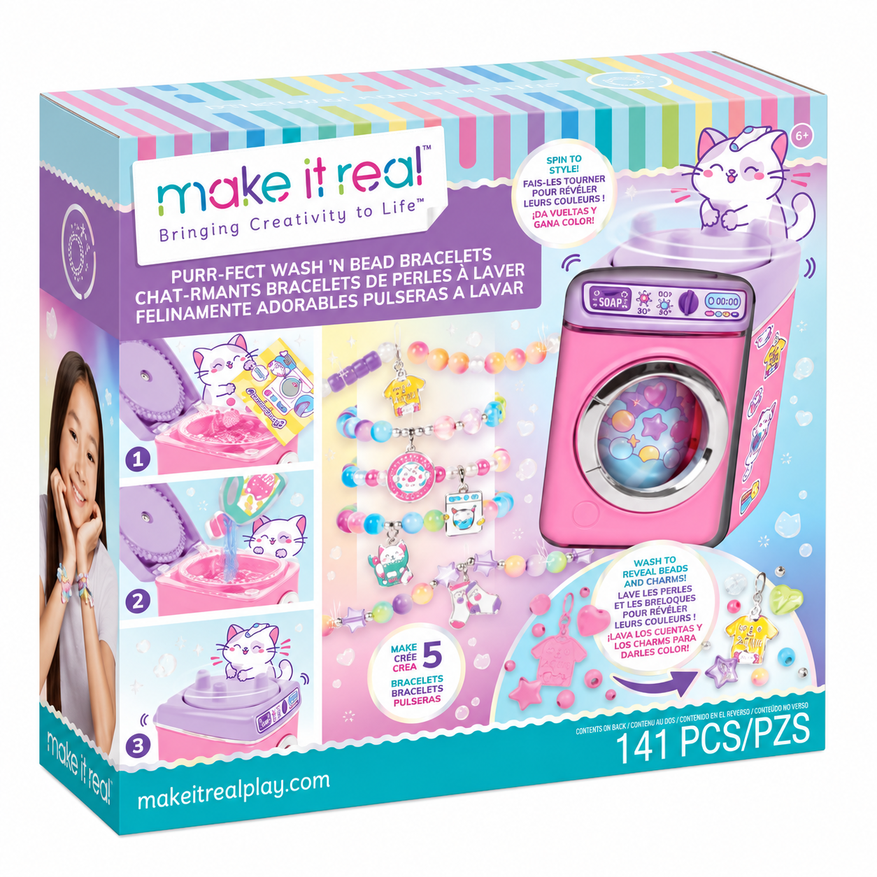 Make It Real Purr-fect Wash 'N Bead Bracelets, kit de pulseras con mini lavadora